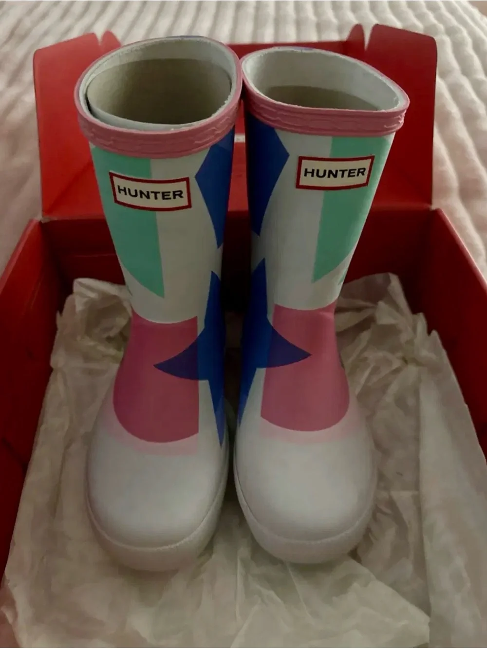 Hunter Kids' Boots Exclusive Geometric Color Block Design. Size EUR 29